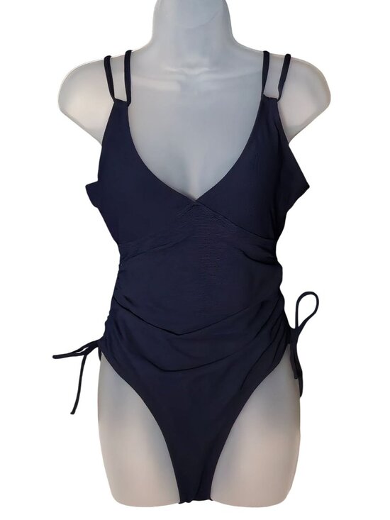 AiMage Other - Navy Ribbed One Piece Swimsuit LG V-Neck Cutout Adjustable Straps